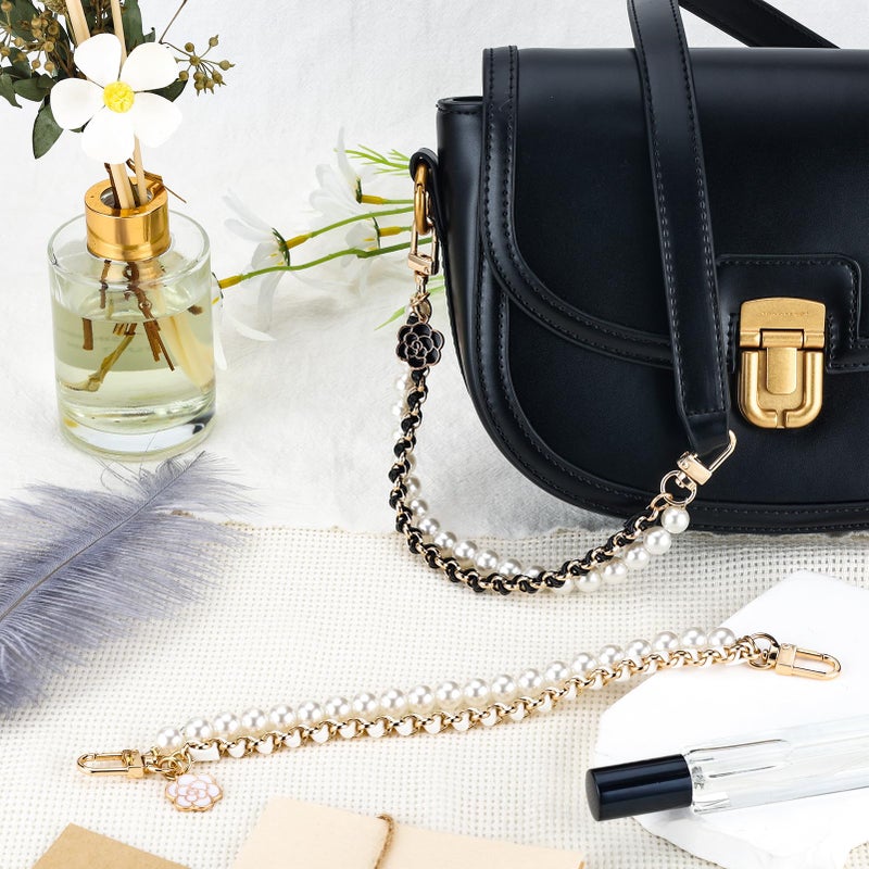 Tmtains 2Pcs Bag Extender Chain Metal Pearl Double Purse Strap Extenders for Handbags Crossbody Bag Gold Purse Extender Chain Purse Strap Replacement Black White Purse Accessories Bag Charms Mobile Phone Case - Image 3